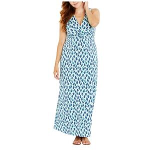 Motherhood‎ Maternity Maxi Dress M Blue Green Print Sleeveless Wrap V-Neck Soft